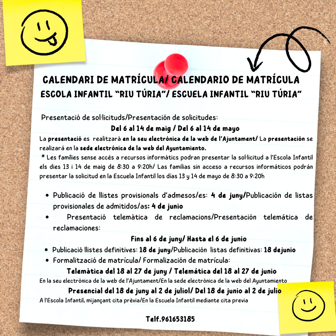 Proceso de escolarización para la Escuela Infantil Municipal "Riu Túria" curso 2025-2026